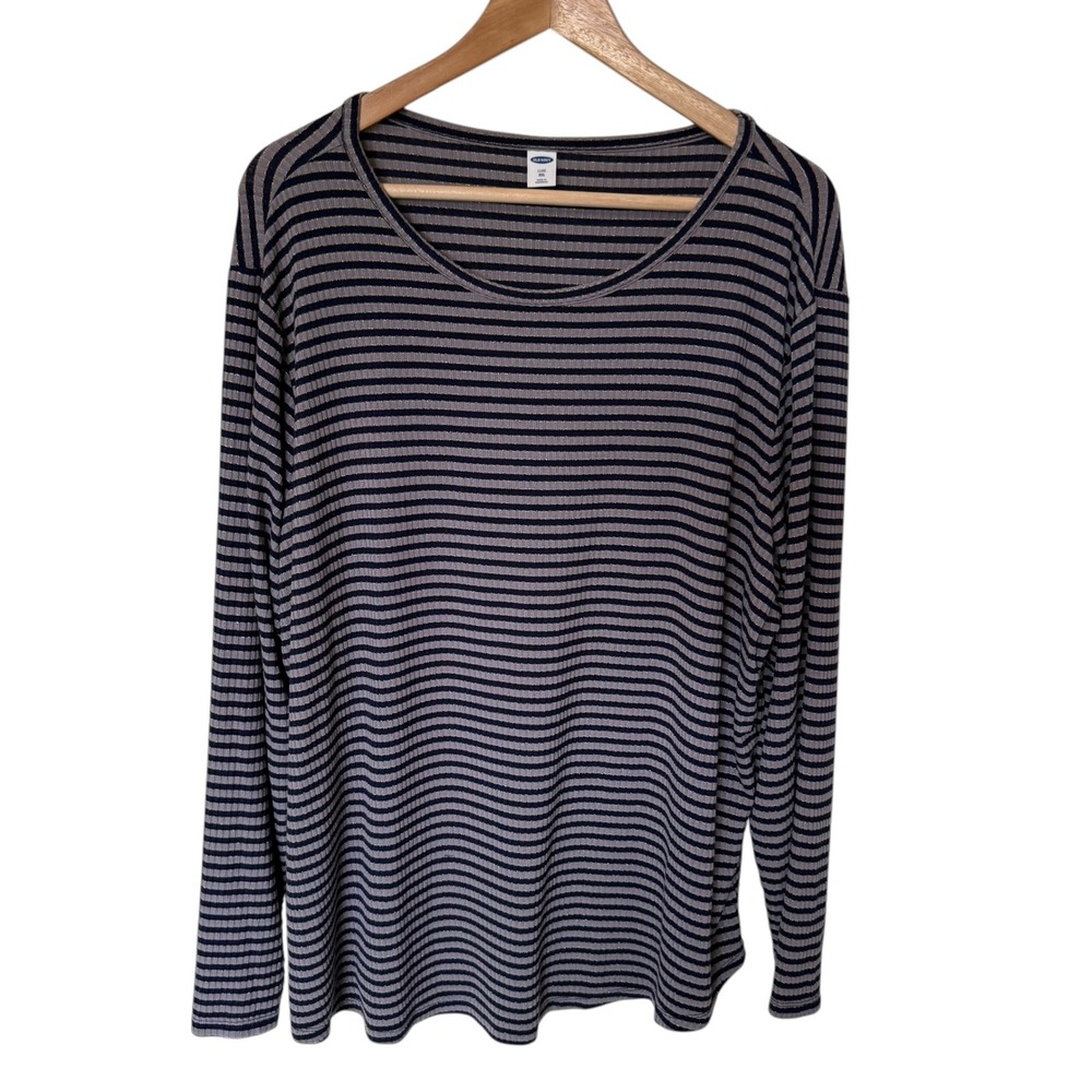 Old Navy Luxe Top Women XXL Gray Navy Blue Excellent Ribbed Metallic Striped